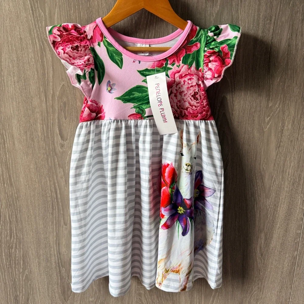 Penelope Plumm Llama Floral Striped Dress Girls 4 Pink Grey Flutter Sleeve NWT